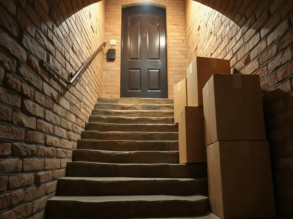 Scale di una cantina con scatoloni accatastati pronti da portare via